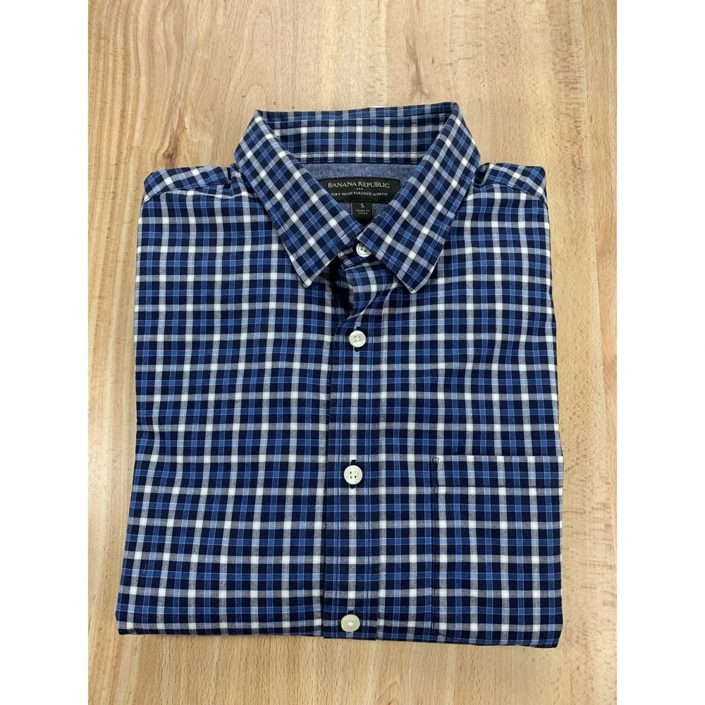 Banana Republic Mens Small Soft Wash Blue‎ Plaid Long Sleeve Button Down Shirt
